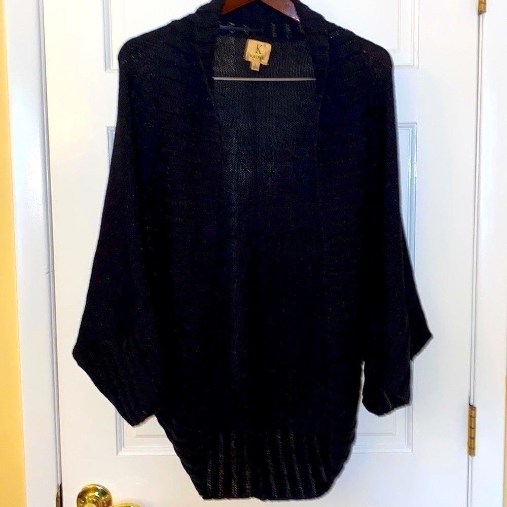 Kasper shimmering black acrylic knit sweater high/ low shrug/ jacket. Size L.